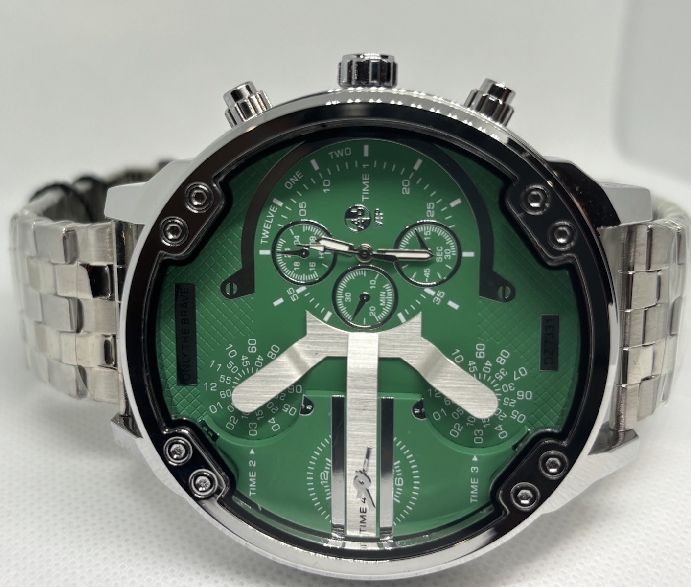 Mens Oversized Jumbo Green Dial Airplane Watch Silver Stainless Steel