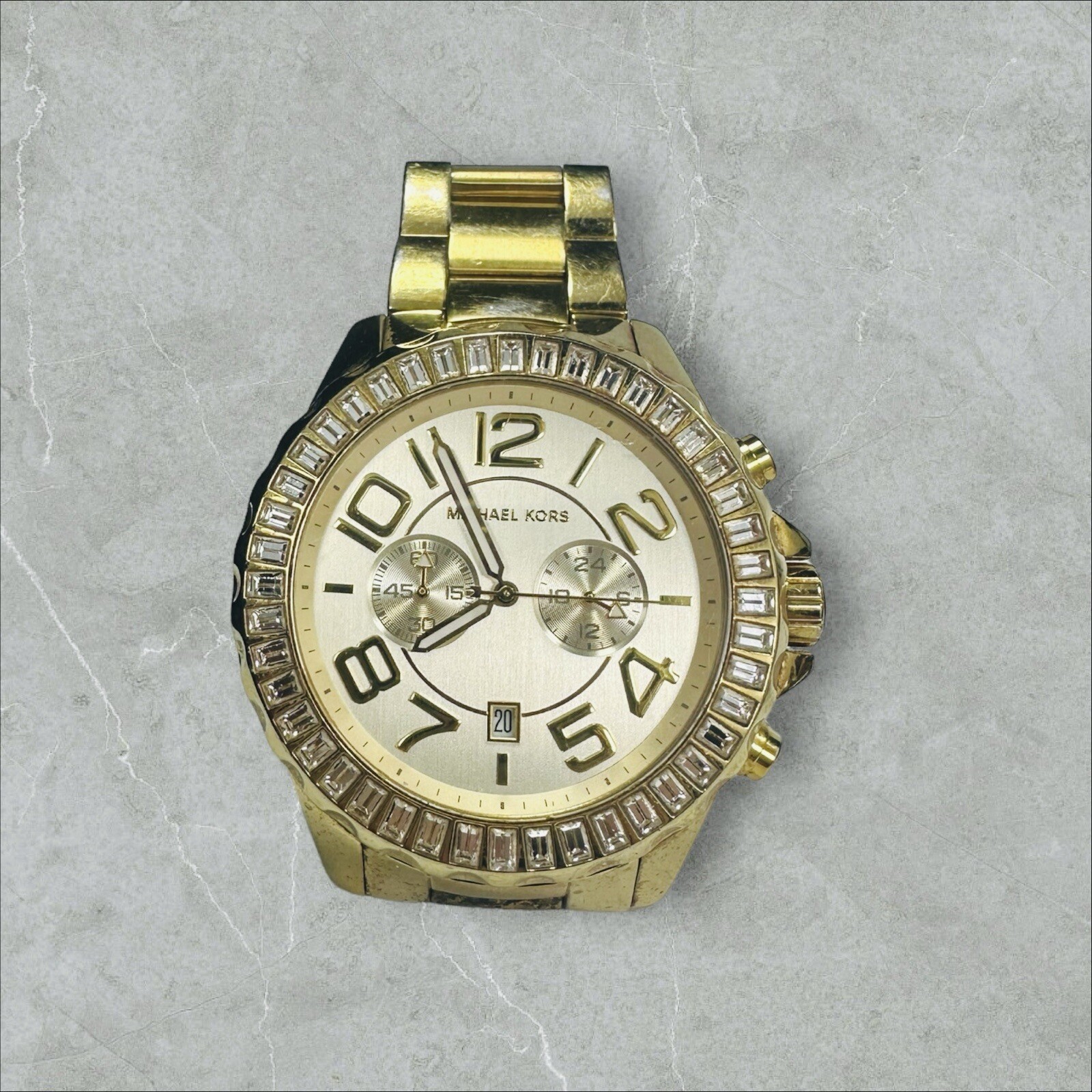 Michael Kors Rox Gold Tone Baguette Crystal Gemstone Bracelet Watch MK5591 45mm