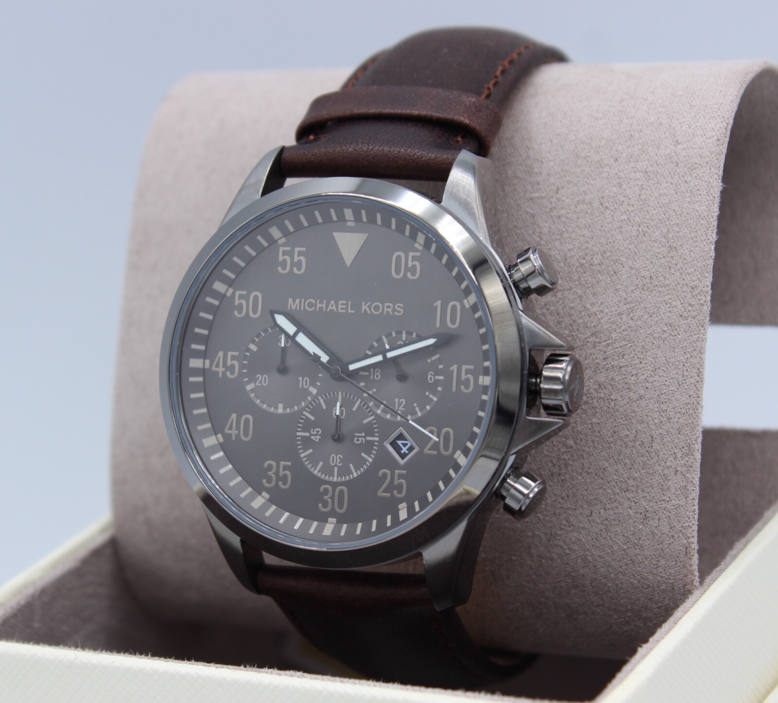 NEW AUTHENTIC MICHAEL KORS THOMPKINS GRAY BROWN LEATHER CHRONO MENS MK8863 WATCH