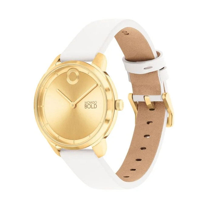 MOVADO 3600985 TREND ELEMENT GOLD DIAL WHITE LEATHER STRAP WOMENS WATCH
