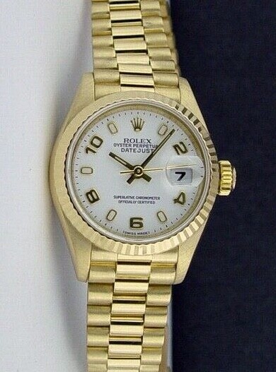 ROLEX – Ladies 18kt Gold Datejust PRESIDENT White Arabic 69178 – SANT BLANC