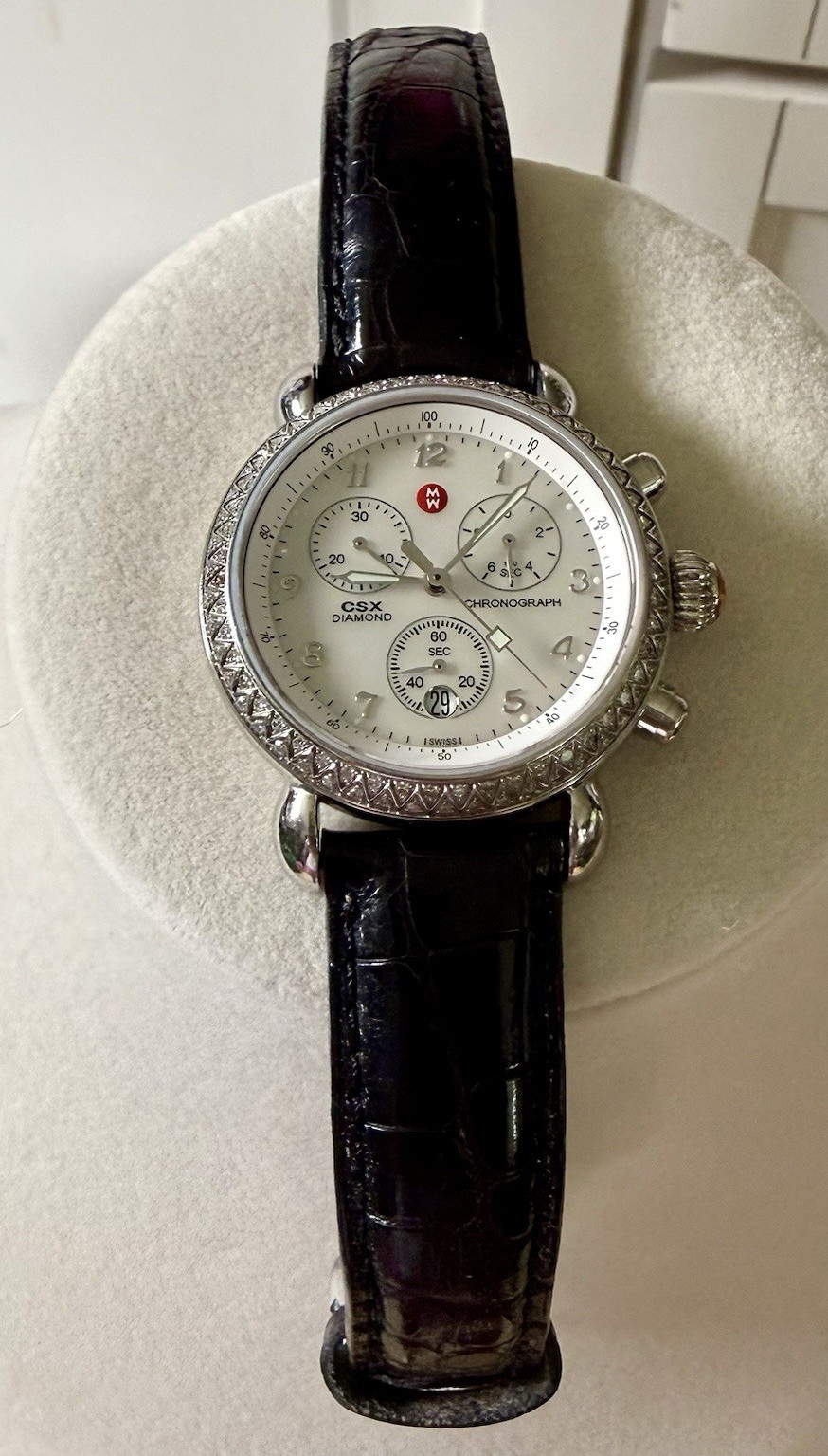 Michele CSX Diamond Chronograph Date White Dial 33mm Black Leather 5 ATM