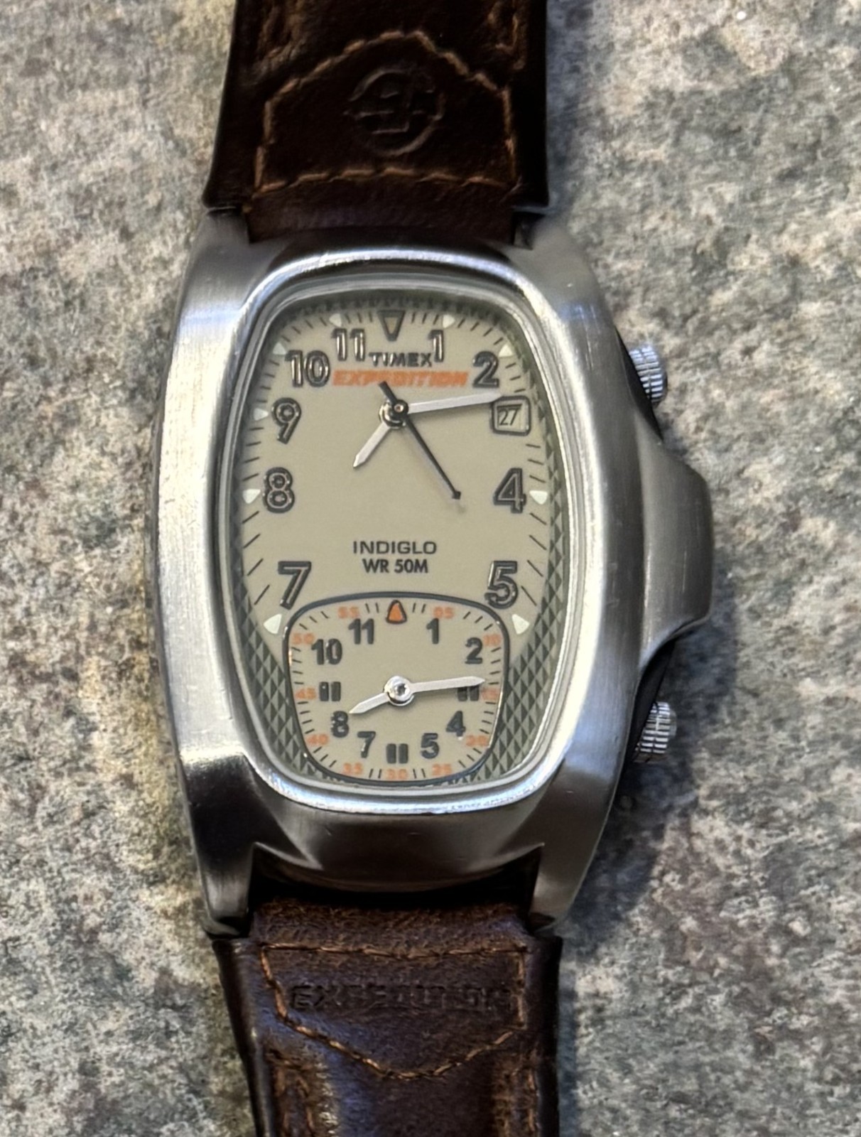 Vintage Timex Expedition Indiglo Dual Zone Quartz Watch Leather Strap WR50 BROWN