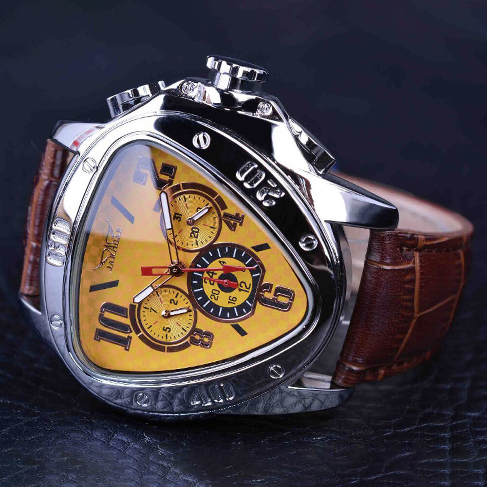 JARAGAR Mens Triangle Automatic Mechanical Watch Leather Calendar Wrist Watches