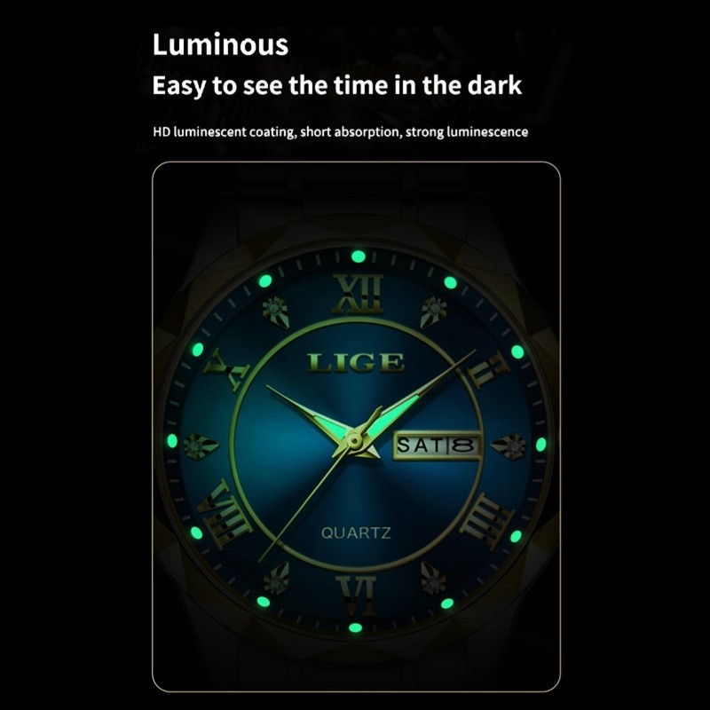 LIGE Men Watch Stainless Steel Date Waterproof Luminous Quartz Wristwatch Gift