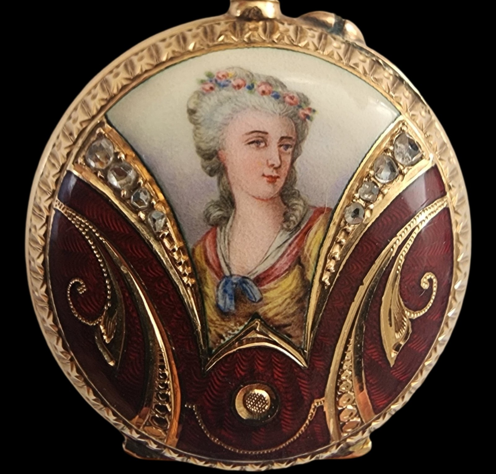 Rare Antique ca. 1900 18K & 14K Gold & Enamel Portrait Lapel Watch