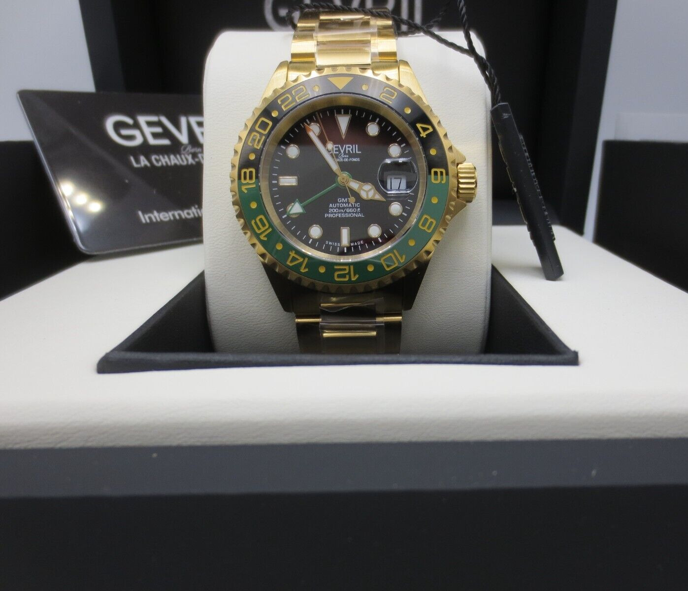 Gevril Mens 4956A Wall Street Ceramic Bezel Date Swiss Automatic GMT SW330 Watch