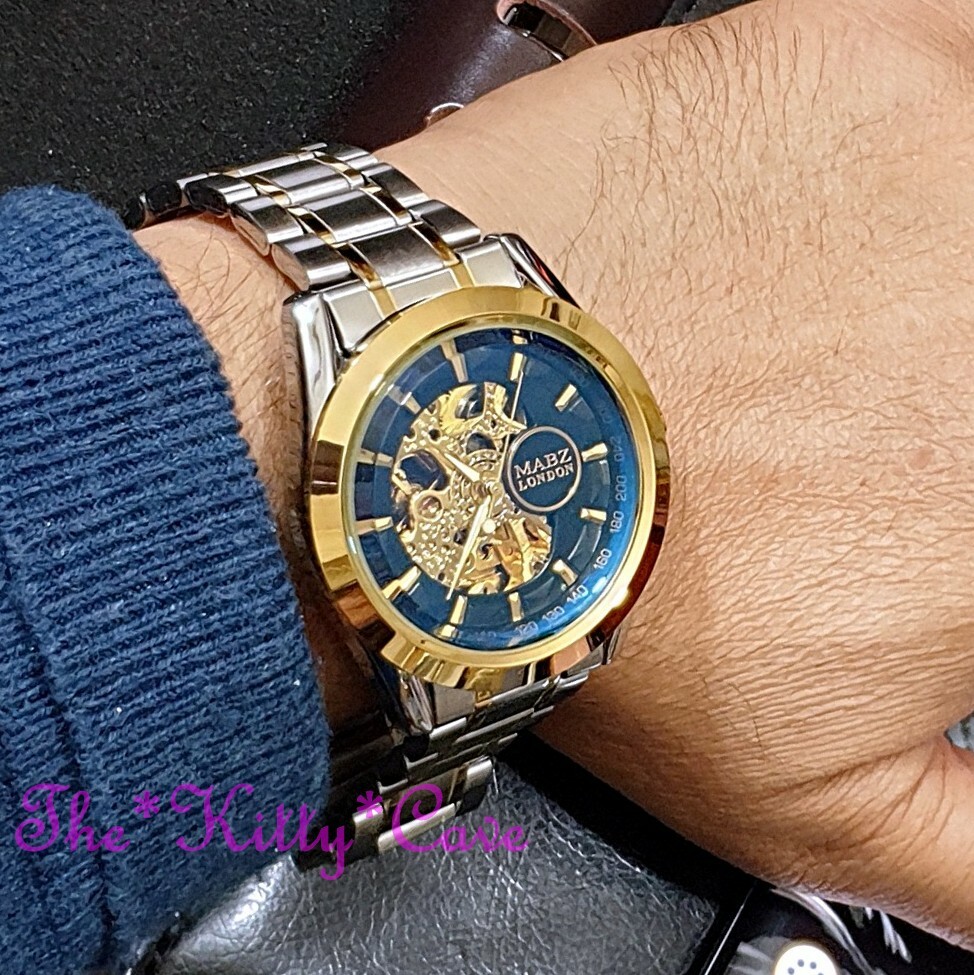Automatic Mechanical Sapphire Blue Beveled Mineral Steampunk Skeleton Watch