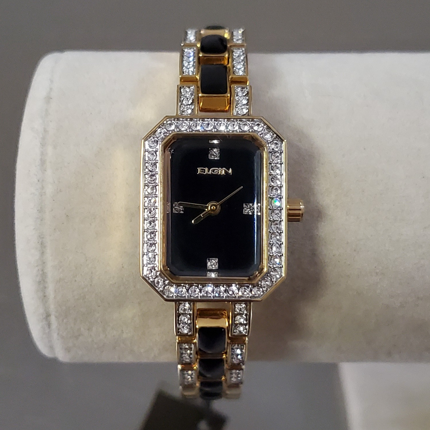 ELGIN Watch Women’s Vintage Black & Gold Tone Analog Gemmed 7.5 inch 20 mm