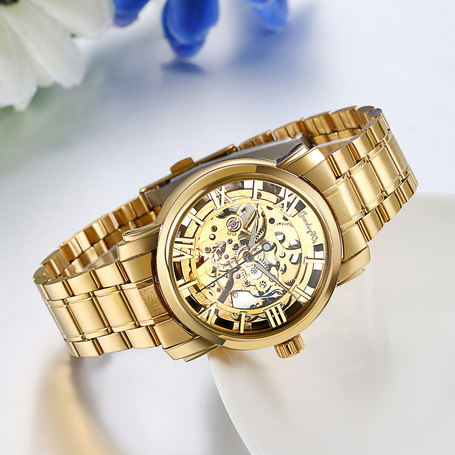 Men’s Luxury Gold Tone Stainless Steel Skeleton Automatic Mechanical Wrist Watch