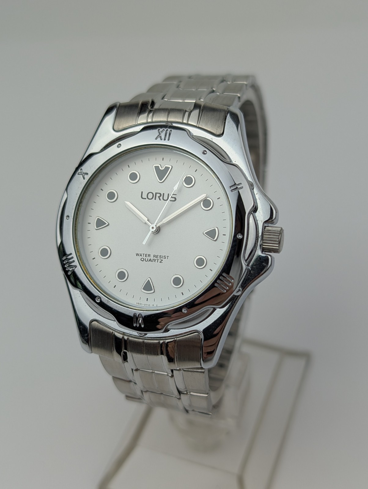 Vtg NEW OLD STOCK Lorus Watch Mens Silver Tone V501-0290 Diver Style Chrome
