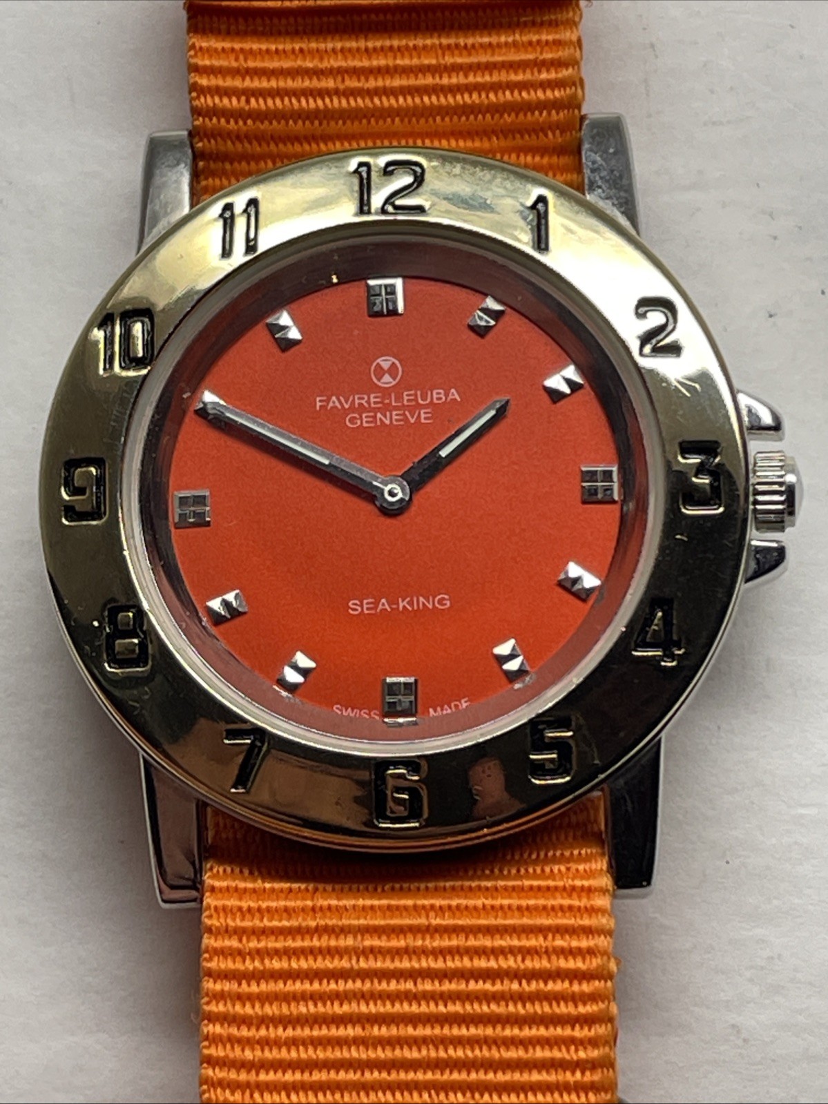 Favre Leuba Geneve Sea-King Watch Swiss Hand Winding Orange Dial Mens Vintage