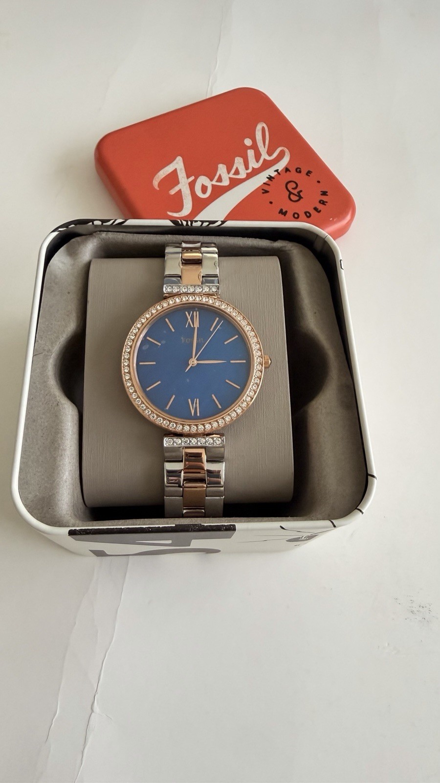 Fossil Watch with Blue Face and Two-Tone Strap With Rose Gold Stone Dial