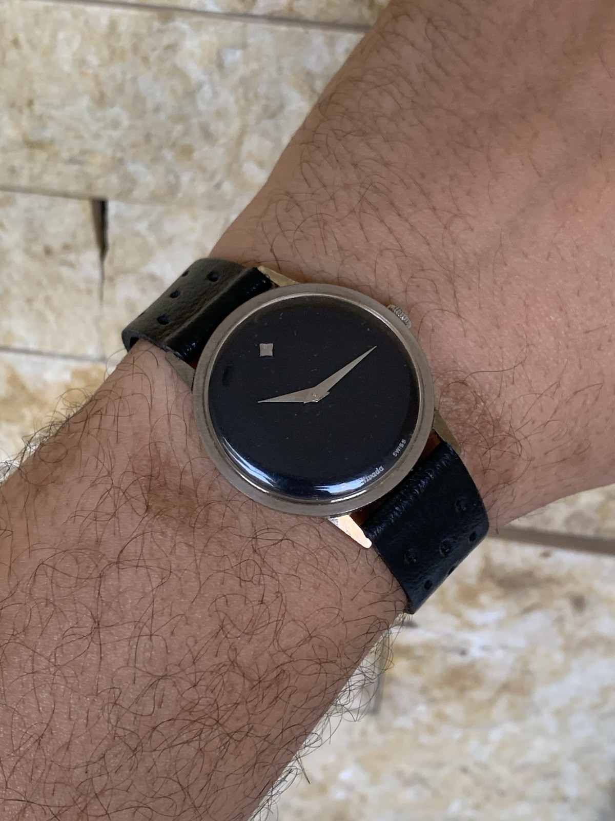 Vintage Nivada Watch Black Dial Minimalist Museum Style 1970s Swiss Manual 35mm