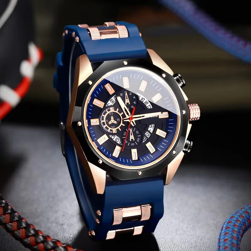 Men’s Quartz Watch Blue & Rose Gold Tone Silicone Strap Chronograph & Date