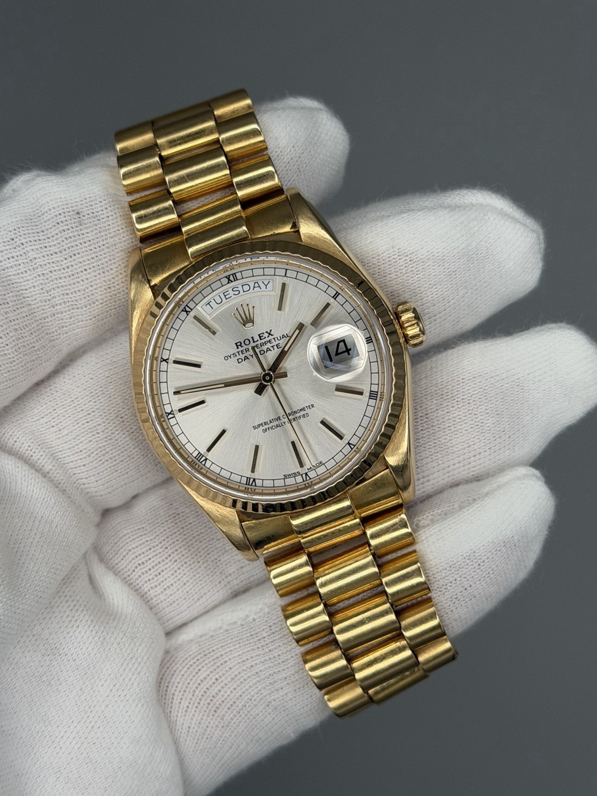 Rolex – 36mm 18kt Gold Day Date President Silver Stick Dial 18038 – WATCH ONLY