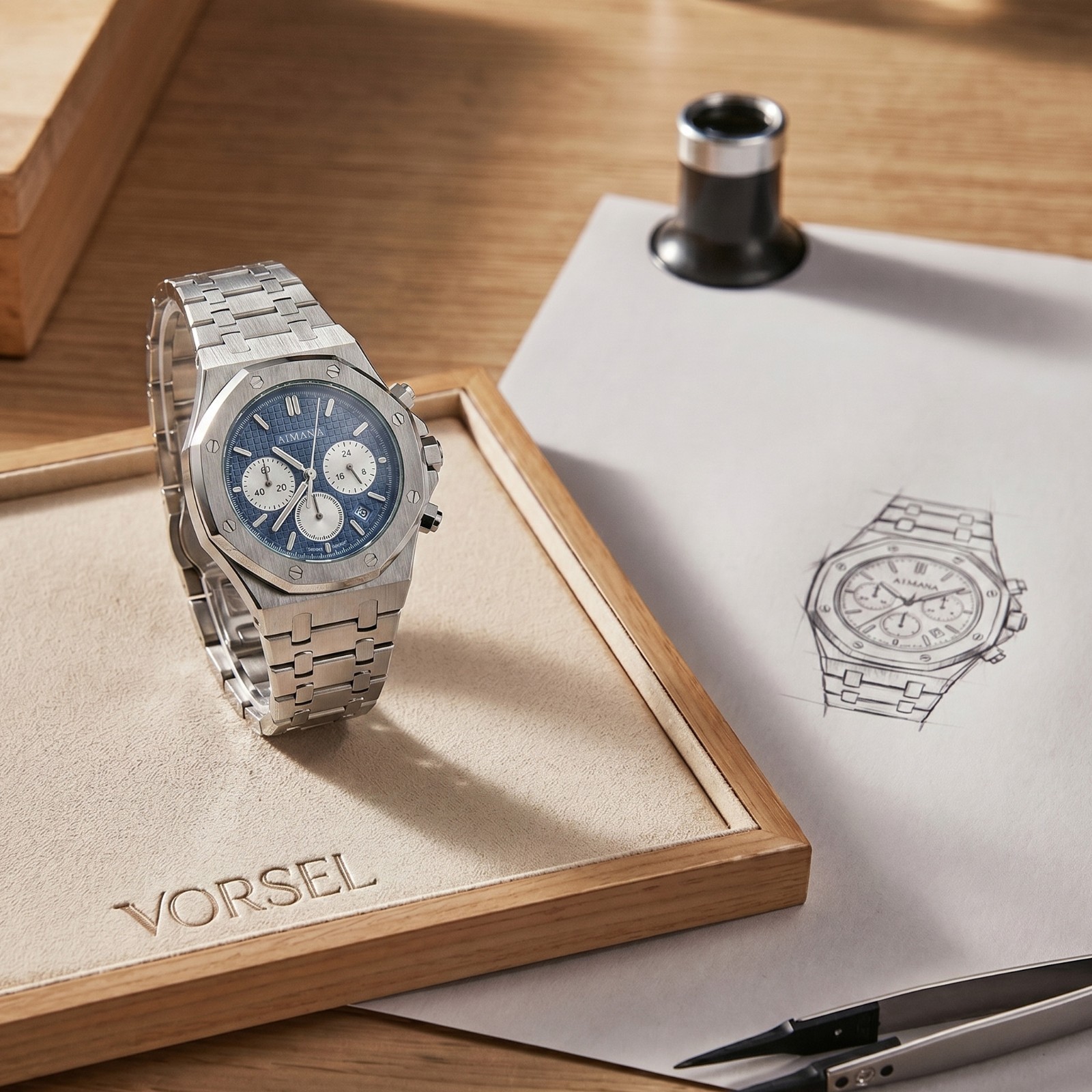 VORSEL Mens Business Quartz Chronograph Watch Blue Dial 43mm Date Display