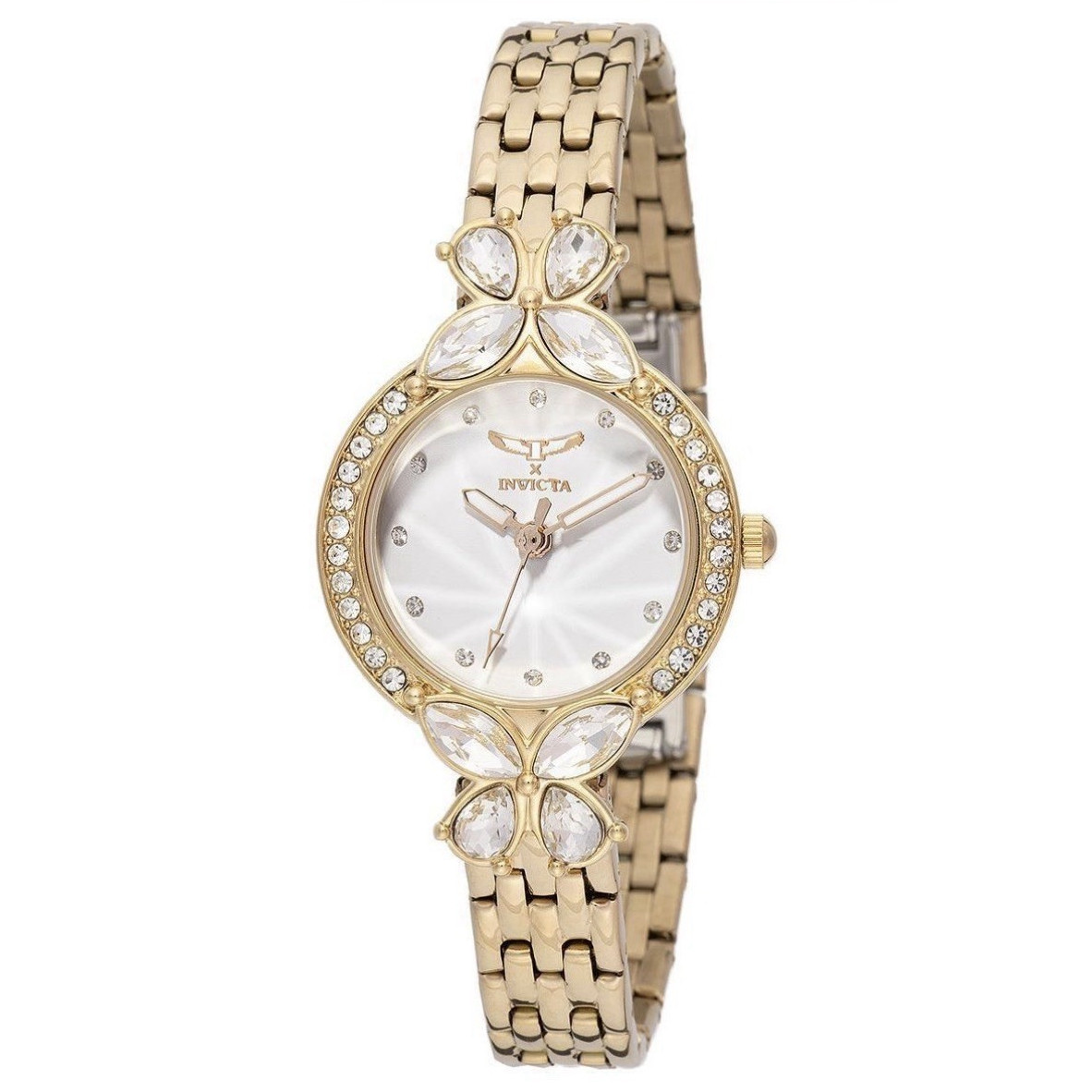 Invicta Wildflower Women’s Quartz White Dial Gold Bracelet Watch Gem-Set Bezel