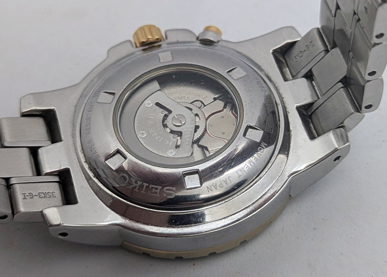 Seiko Kinetic SKA382 5M62 Black Gold Lrg Wrist 100M | New Capacitor Crystal Box