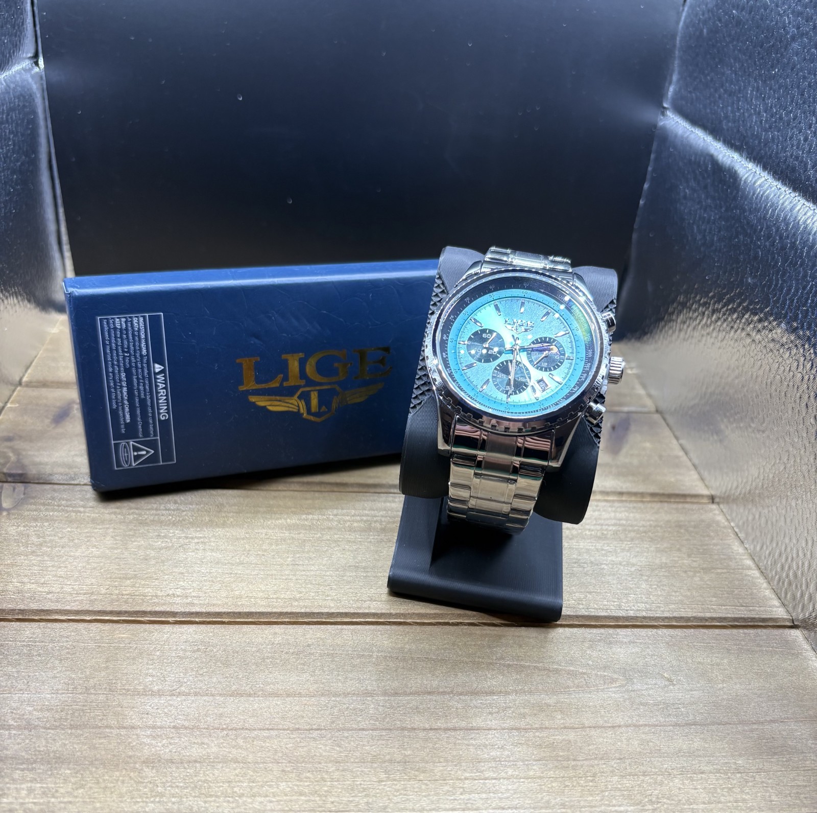 LIGE Mens 3-Eyes Luminous Chronograph Stainless Steel Calendar Wrist Watches