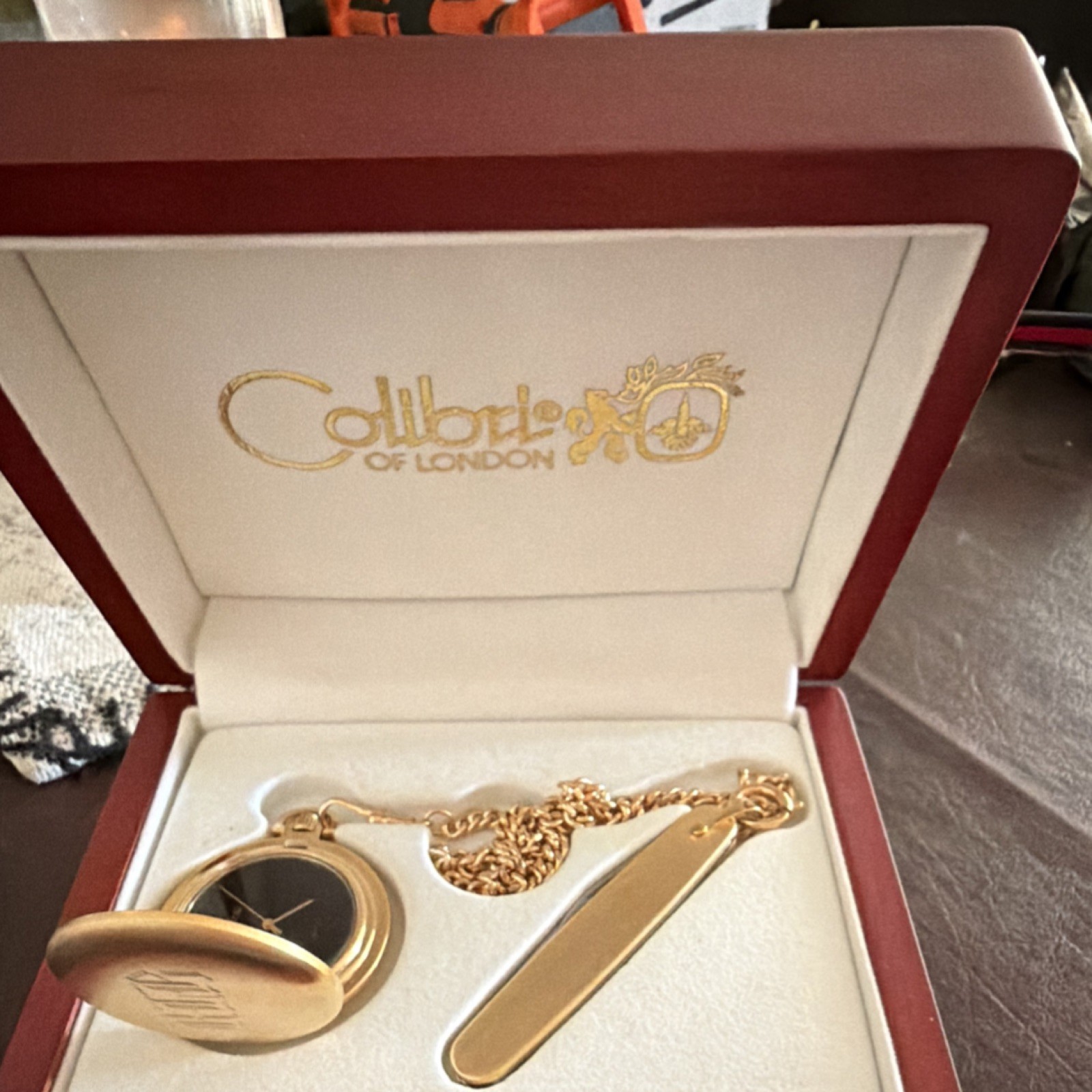 Colibri Gold Plated Full Hunter Pocket Watch Black Dial Quartz Chain in Box
