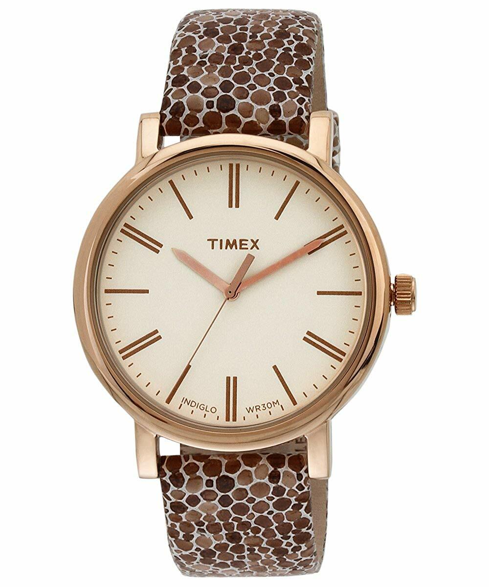 NEW TIMEX ROSE GOLD TONE,BROWN BEIGE STONES PRINT LEATHER BAND,WATCH-T2P325