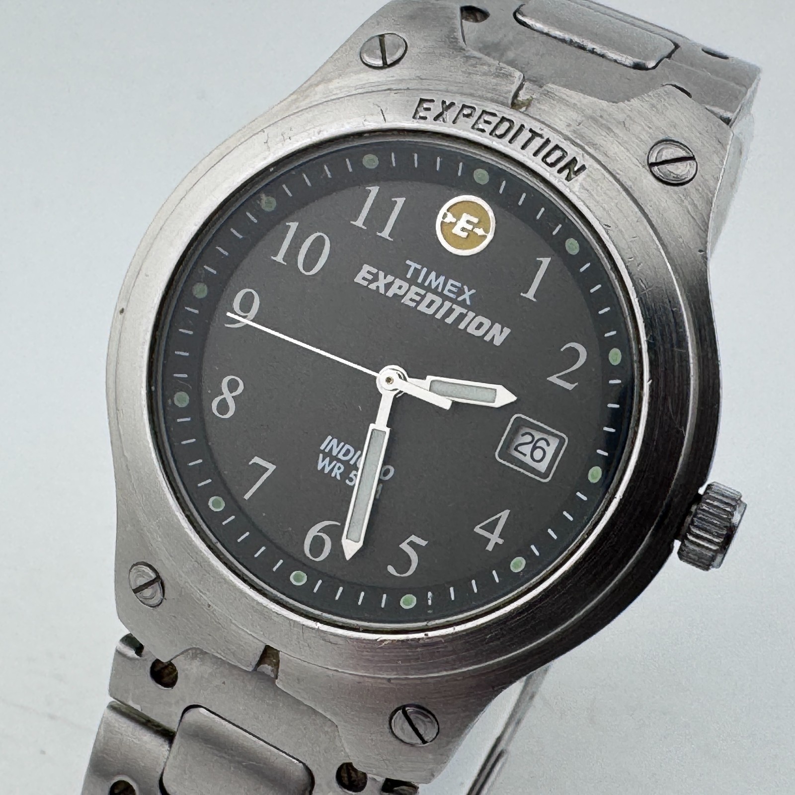 Timex Expedition Indiglo Quartz Watch Men 50m Silver Date New Battery 7.75″