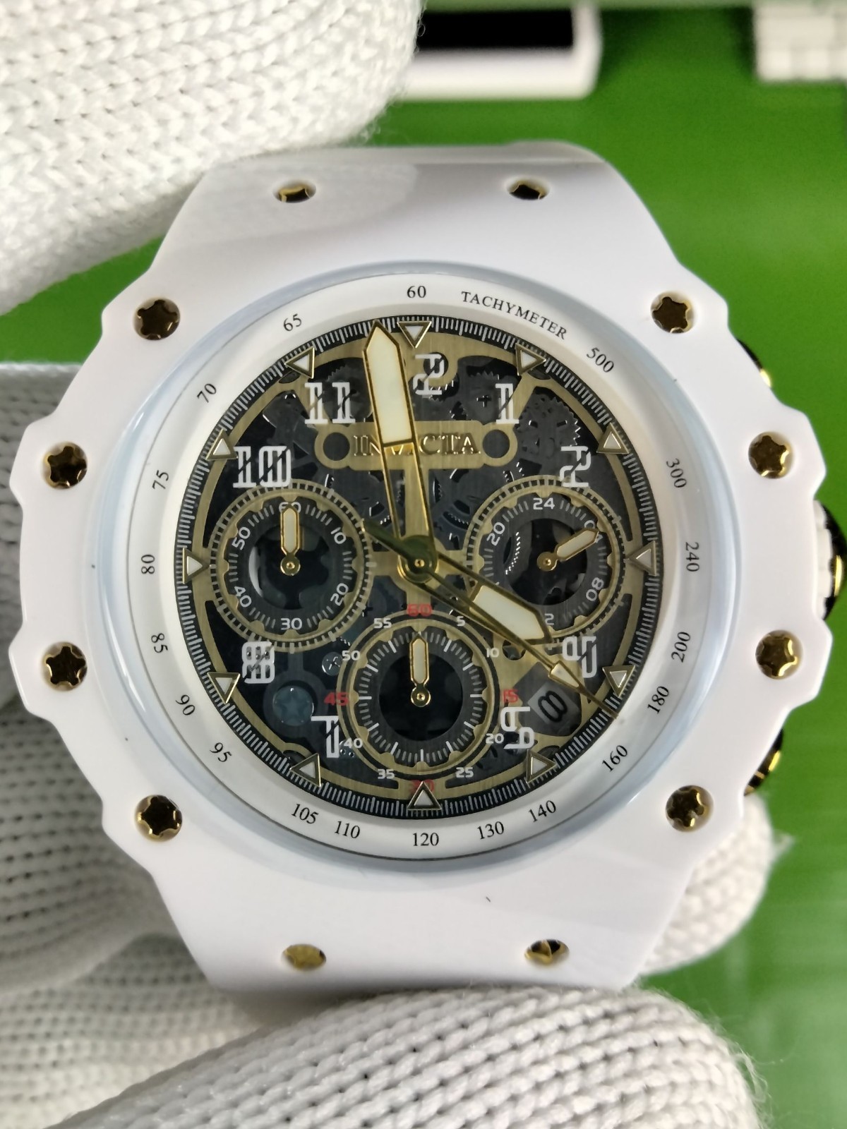 Invicta Racing 69649 Men White Skeleton Gold Dial Silicone Quartz Watch 43.5 mm