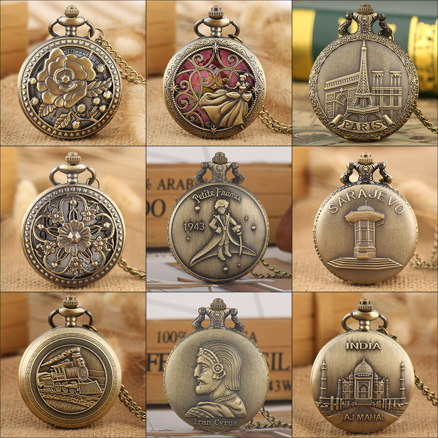 Men Women Steampunk Bronze Quartz Analog Pocket Watch with Necklace Chain Gifts