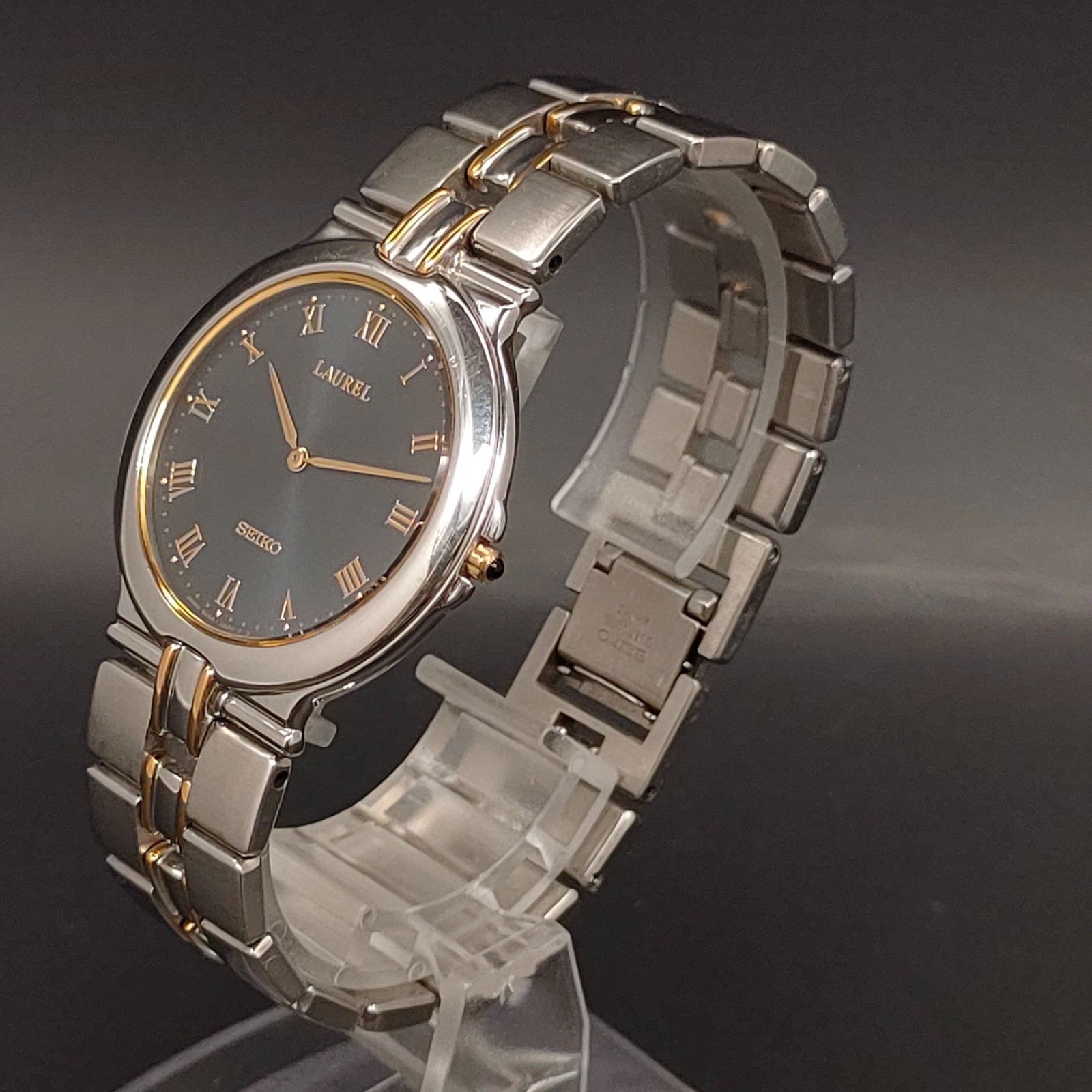 Vintage 1992 N MINT Seiko LAUREL 5A54-0270 Black Gold Tone Qz 33mm Mens Watch JP