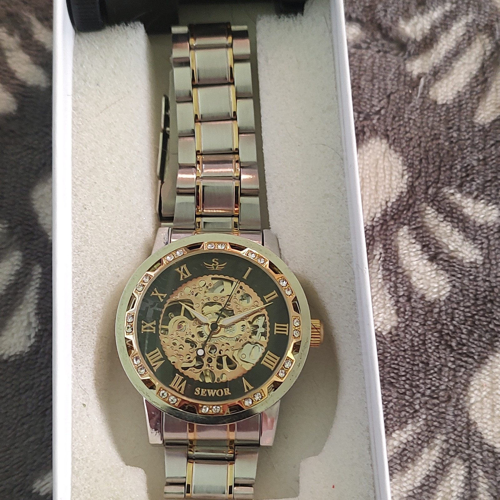 SEWOR Automatic Skeleton Dial Roman Numerals Two-Tone Metal Bracelet w/ Box