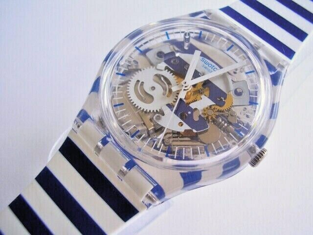 JUST PAUL! Blue/White Striped SKELETON DIAL Swatch w Silicone Strap! NIB-RARE!