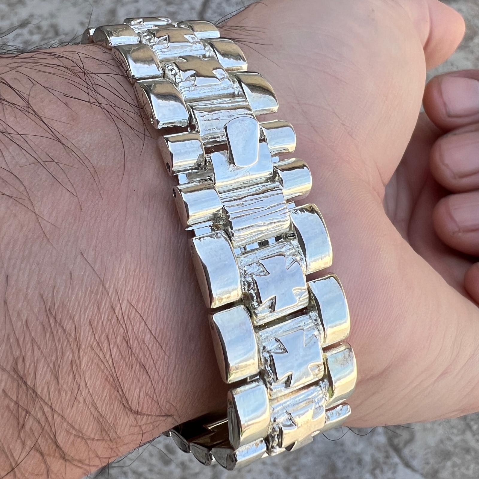 Mens Knights Templar Iron Celtic Maltese Cross Black Watch CZ Silver Tone 8″