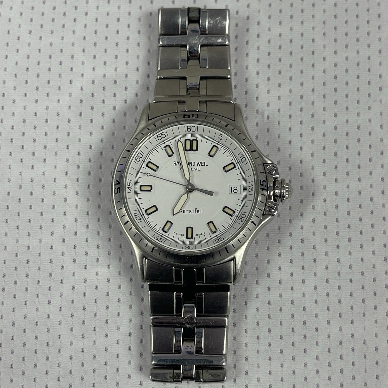 Raymond Weil Parsifal 9091 Swiss Quartz Steel Watch White Dial Date 7″ Band