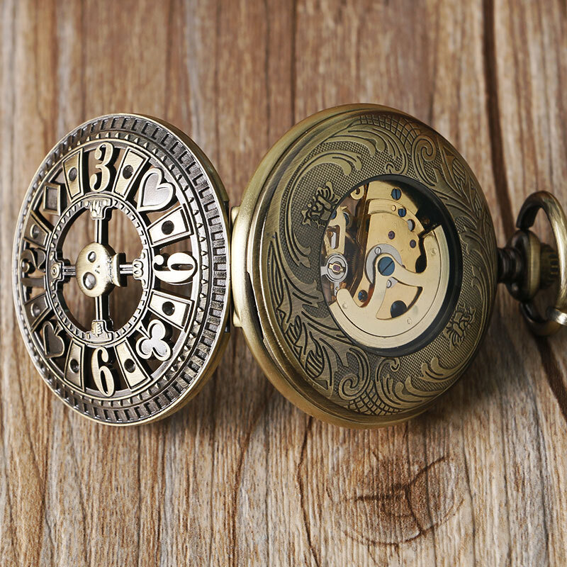 Steampunk Mens Automatic Pocket Watch Poker Skull with Pendant Chain Luxury Gift