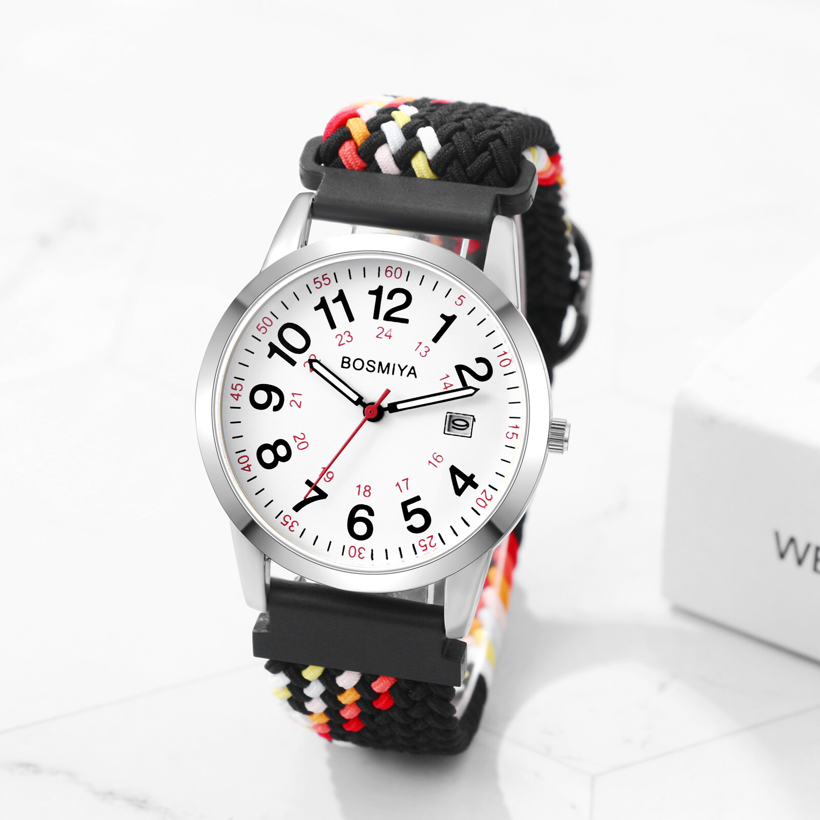 Women Men Easy Reader Large Numerals Date Dial Elastic Braided Band Quartz Watch