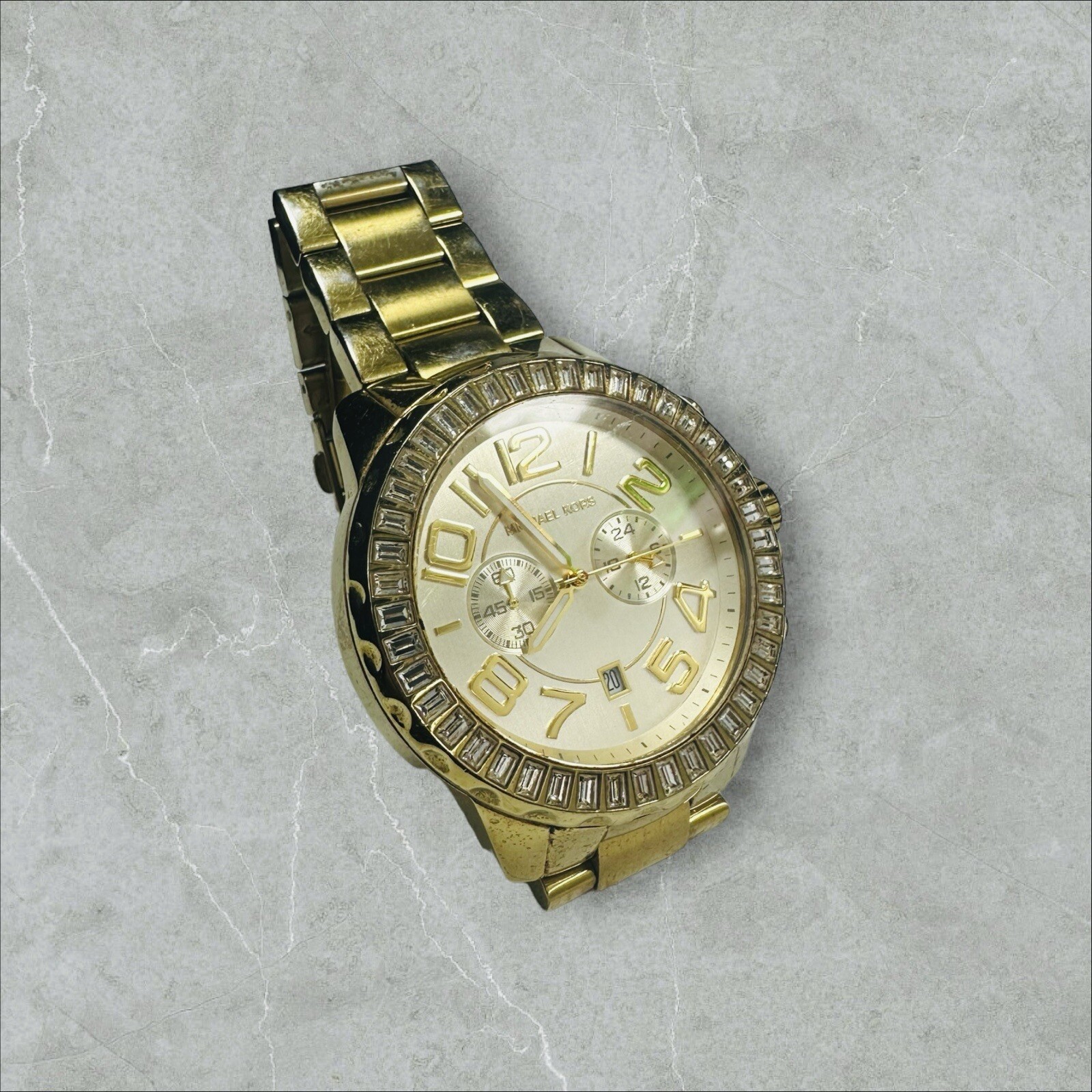 Michael Kors Rox Gold Tone Baguette Crystal Gemstone Bracelet Watch MK5591 45mm