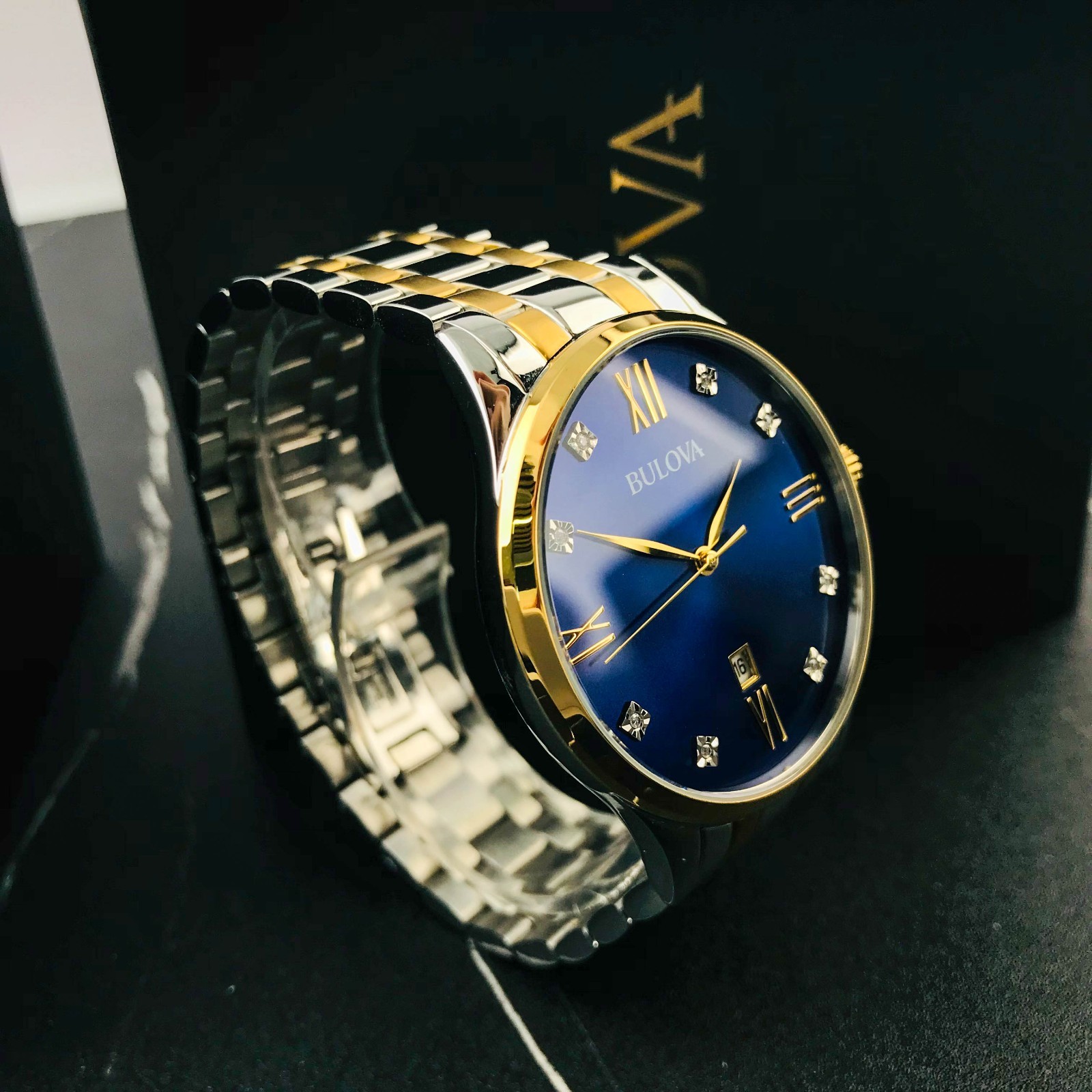 Bulova Classic 98D130 Men’s Diamond Accent Two-Tone Blue Dial 40mm Quartz Watch