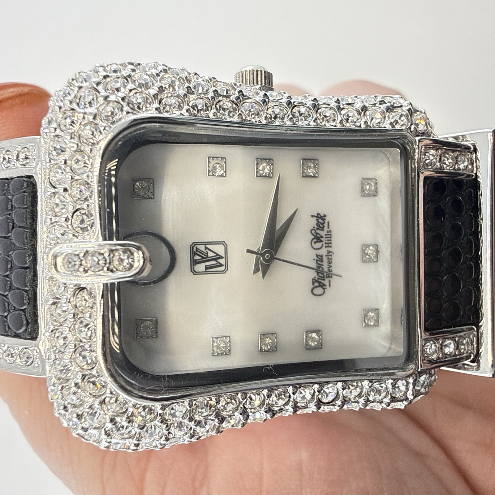 Victoria Wieck Watch Hinged Cuff Black Silver Tone Crystal Rhinestone * WORKS*