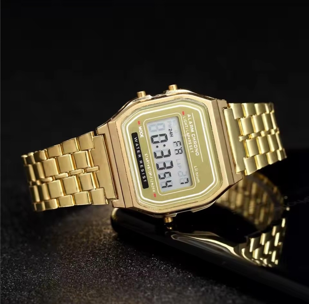 Vintage Gold Digital Watch LED Alarm Chronograph Stainless Steel Unisex Retro