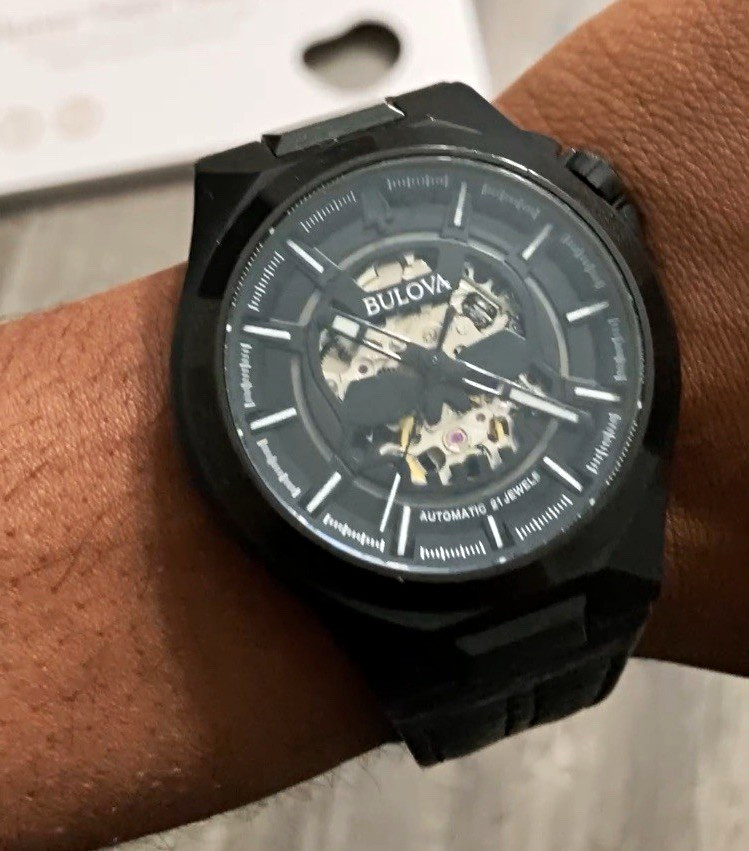 Bulova Automatic 21 Jewels Men’s Skeleton Dial Black Leather Strap Watch