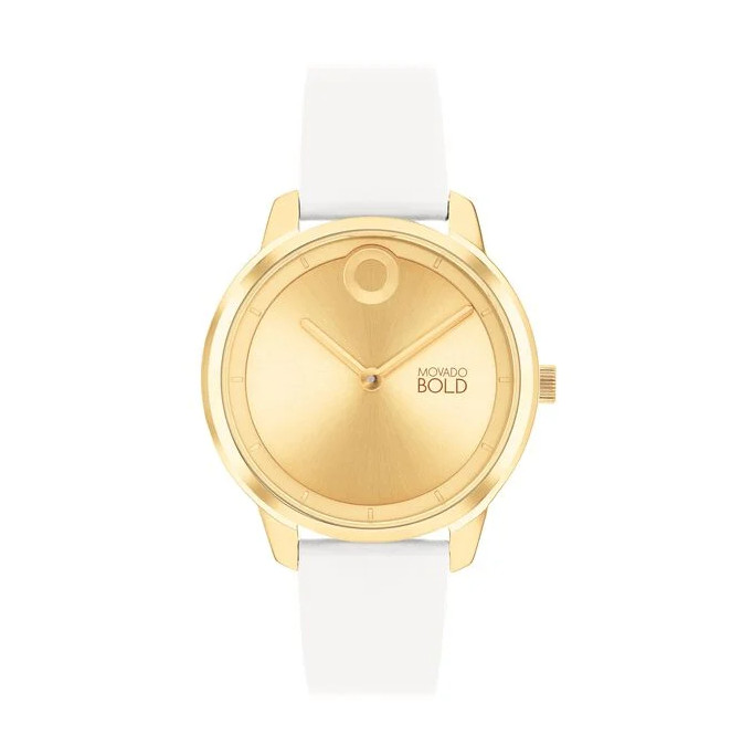 MOVADO 3600985 TREND ELEMENT GOLD DIAL WHITE LEATHER STRAP WOMENS WATCH