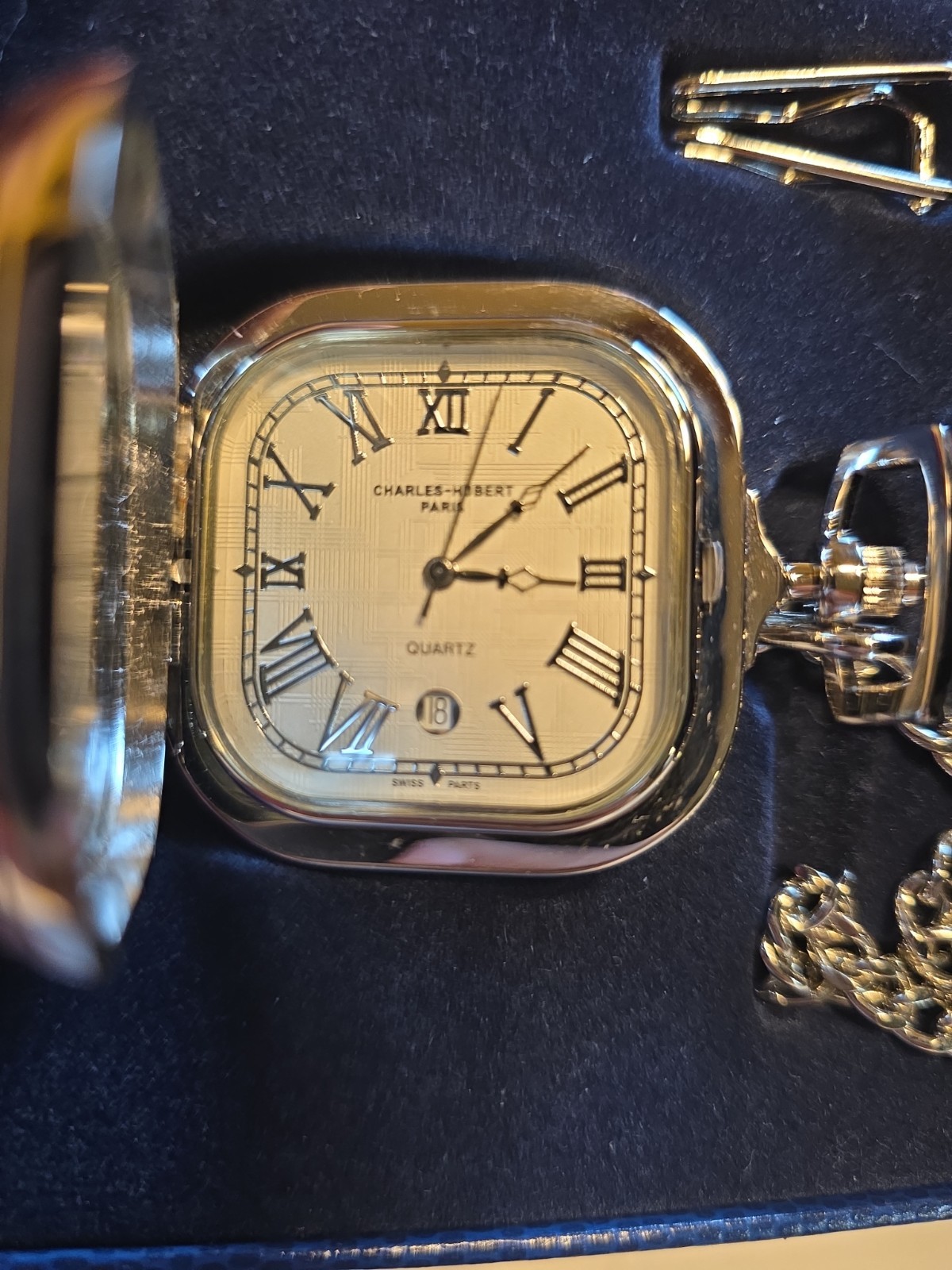 Charles Hubert Paris Quartz Stainless Steel Pocket Watch Silver Dial New Battery