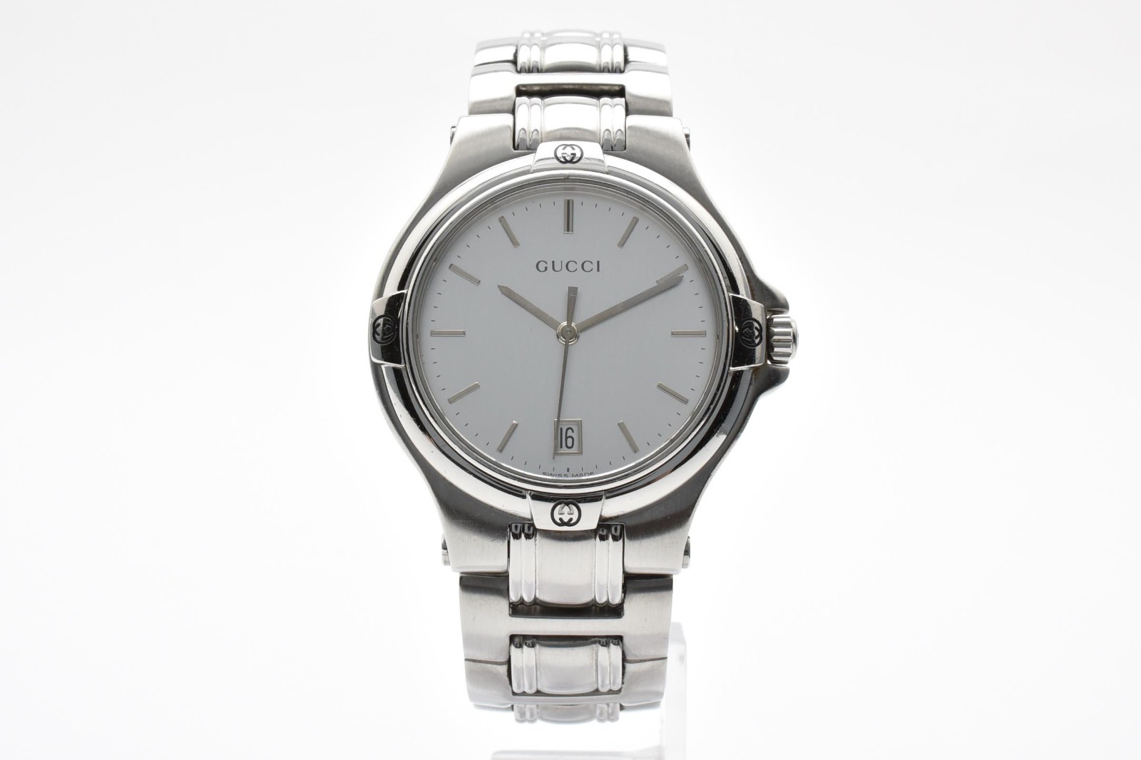 [Exc+5] GUCCI 9040M Quartz Silver Dial Date G-Logo Stainless Watch 16cm JAPAN