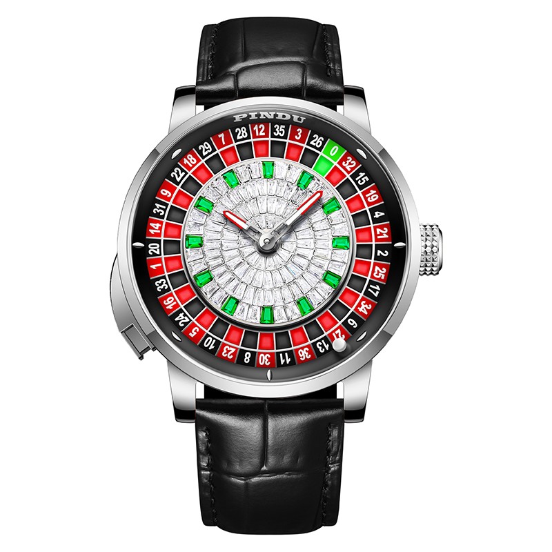 2024 PINDU roulette silver shell black belt button men’s mechanical watch luxury