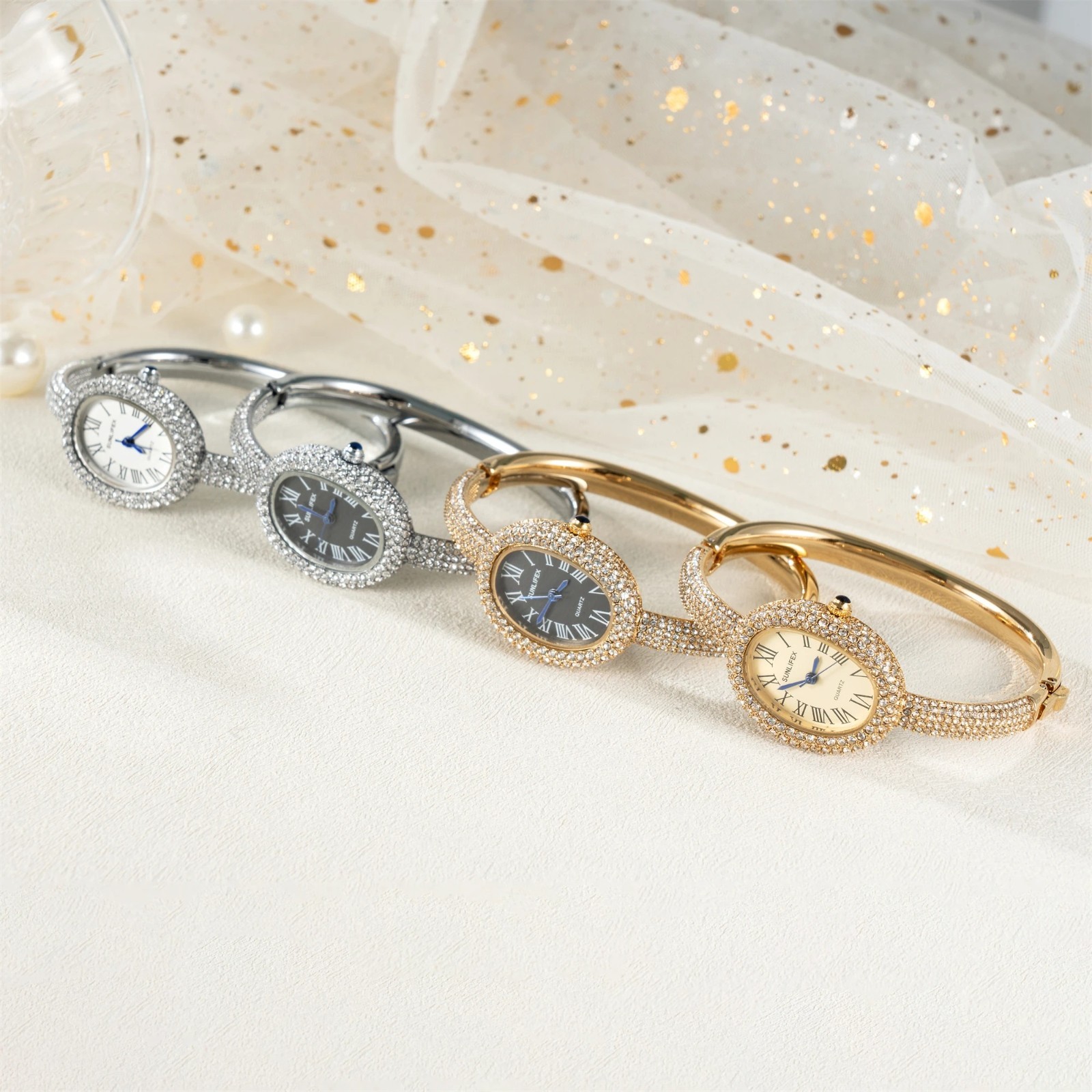 Luxury Crystal Oval Bangle Watch For Women Roman Numeral Dial Rhinestone Inlaid