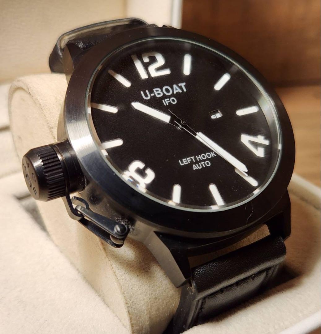 U-BOAT IFO Left Hook Auto Italo Fontana 316L Black Leather Round Men Watch 52mm