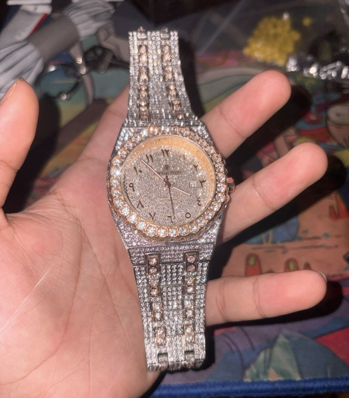 Automatic Analog Wristwatch Rose Gold Dial Gem-Set Bezel