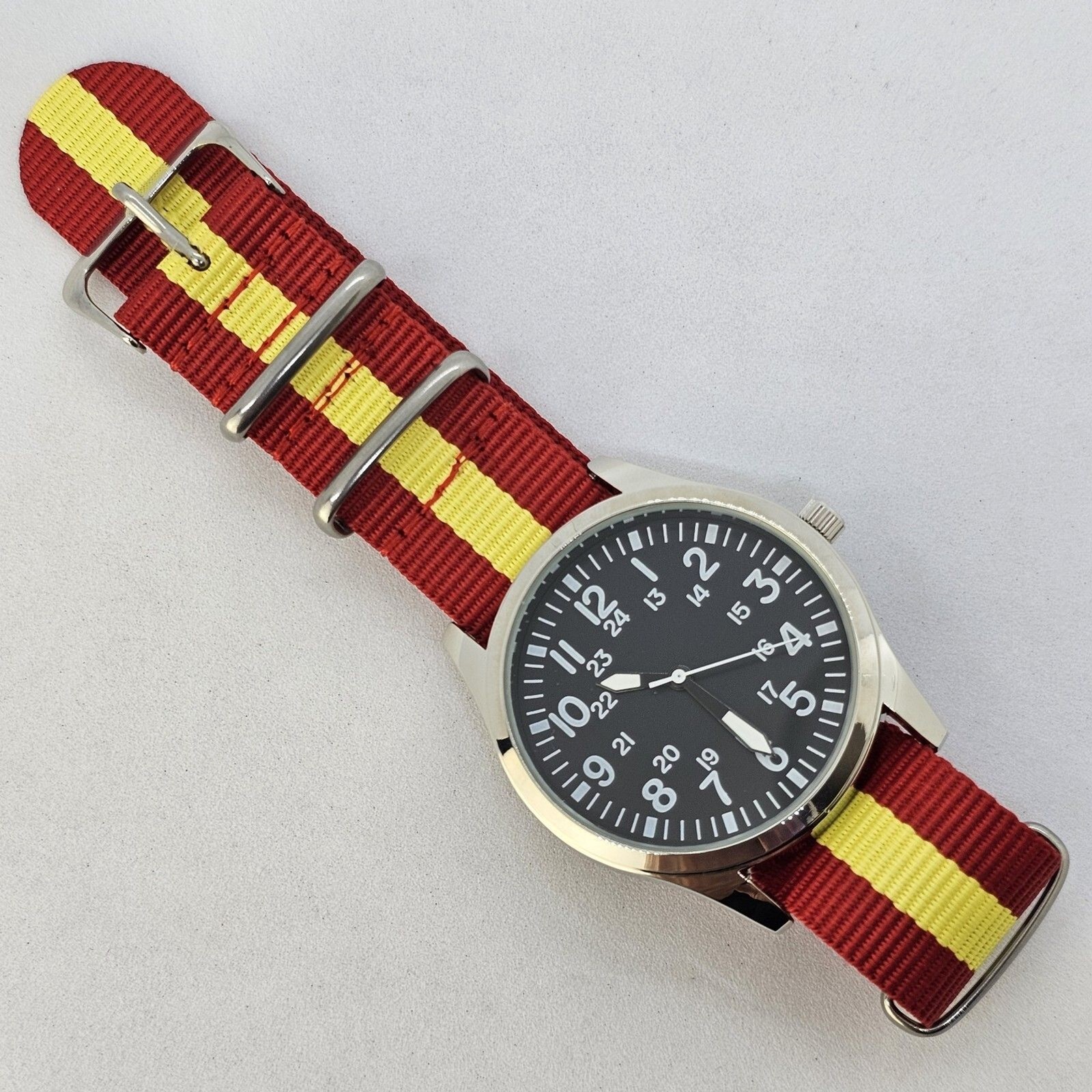 Men’s 42MM Field Watch Black Dial Red Yellow Canvas Band Strap New Battery