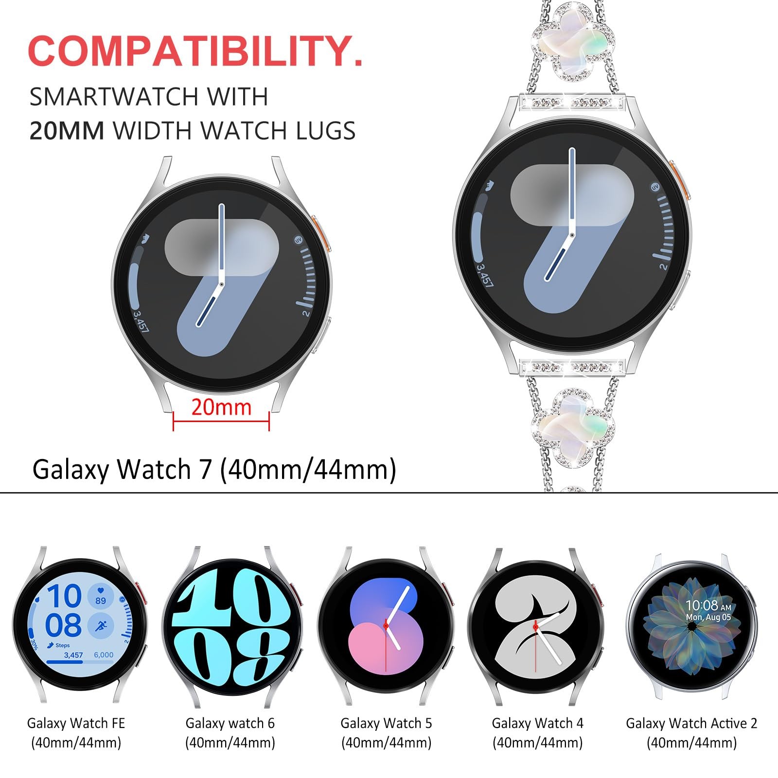 Surace Samsung Galaxy Watch 7 Band, Jewelry Diamond Metal Wristband, 40-46mm